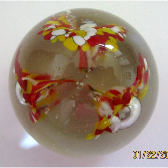 Art Glass Paperweight Dome/Egg Shape Clear & Red/Yellow with Controlled Bubbles - Picture 5 of 7